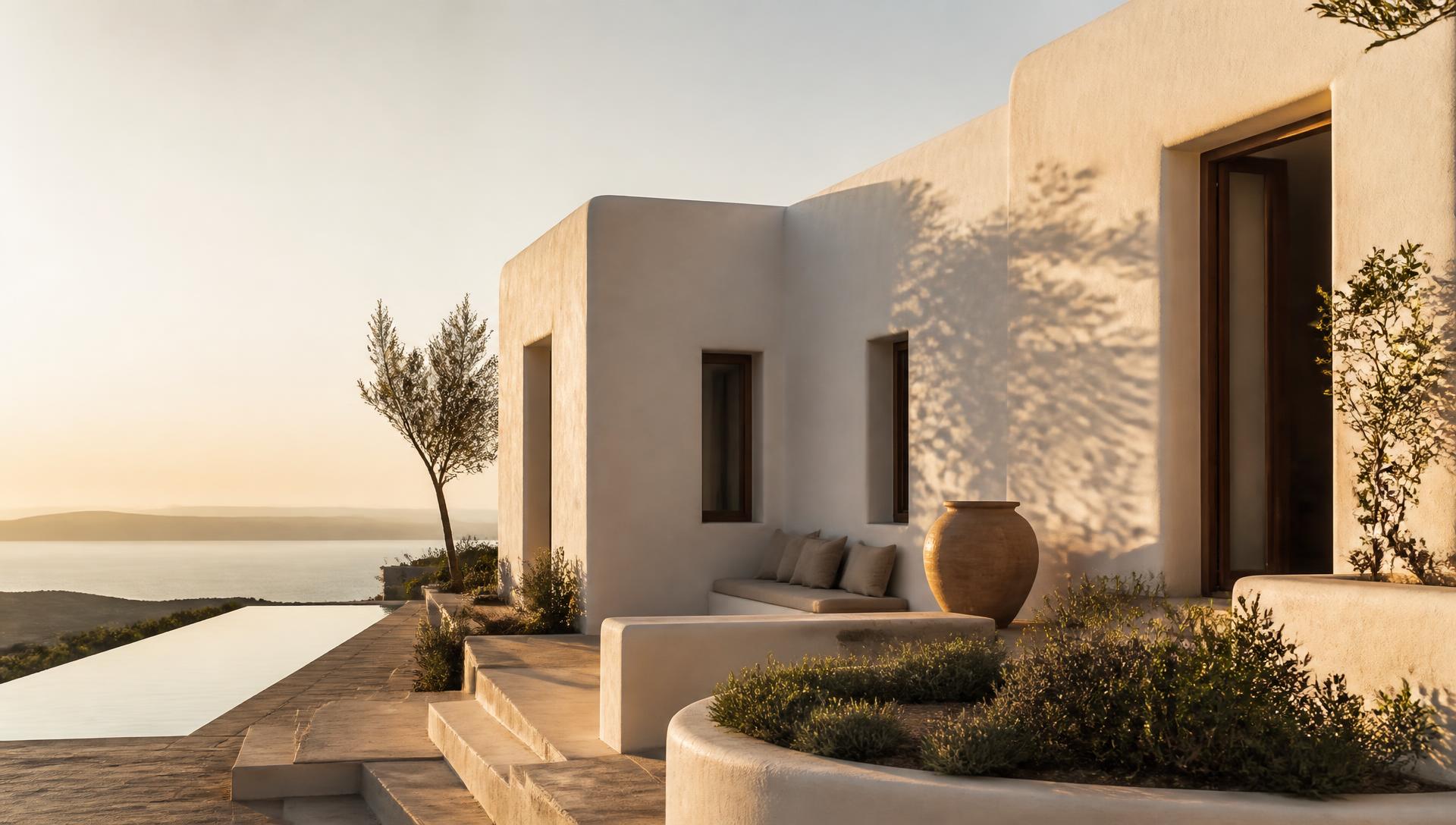 Lime-washed walls and an olive tree in the Argolis at golden hour